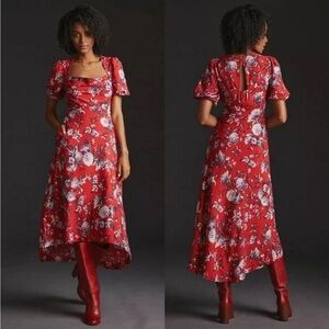 NEW Anthropologie Maeve Dress Puff Sleeve Red Floral Midi Dress Pockets 0